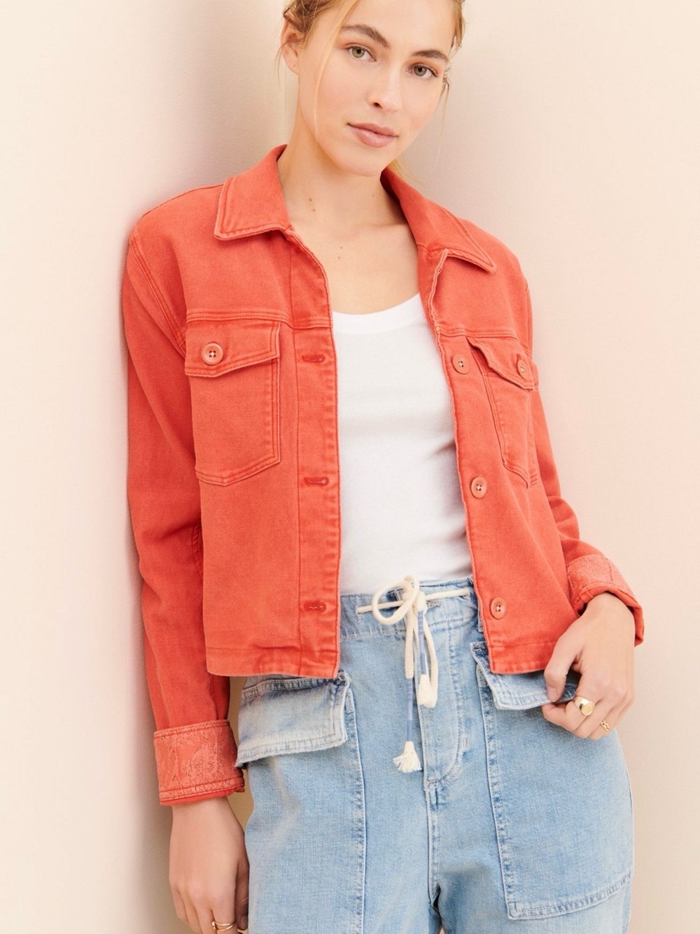 NWT Anthropologie Marilee Trucker Jacket Poppy Red Orange Size S